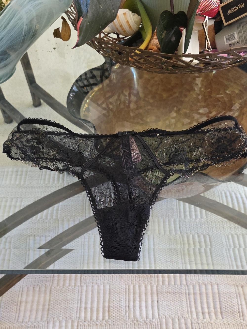 Victoria’s Secret Very Sexy Thong Sz XL Black / Gold Floral Embroidered  Sheer